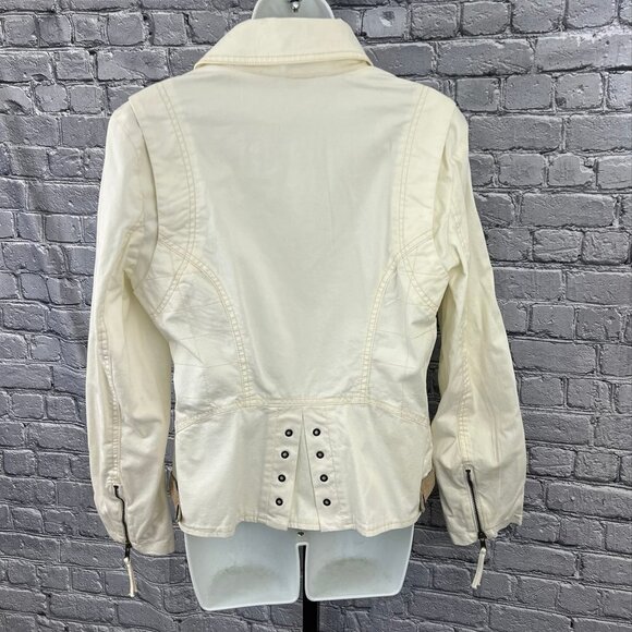 Oui Moments Beige Zip Front Leather Trimmed Jacket Size 10 NWT - Picture 7 of 10